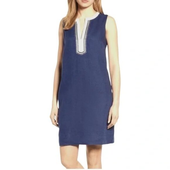 "NWT"Tommy Bahama Two Palms Split Neck Linen Shift Dress W/ Pockets -Size S Navy - Picture 1 of 12